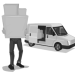 A man balancing boxes with a van in the background