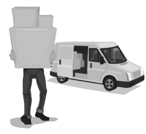 A man balancing boxes with a van in the background