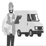A man with a clipboard standing near a box van